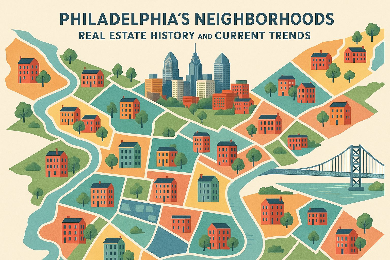 Illustration of Philadelphia's neighborhoods showing houses, streets, river, and the Benjamin Franklin Bridge with text 'Real Estate History and Current Trends'; used by Commercial PM Pennsylvania to discuss neighborhood trends.