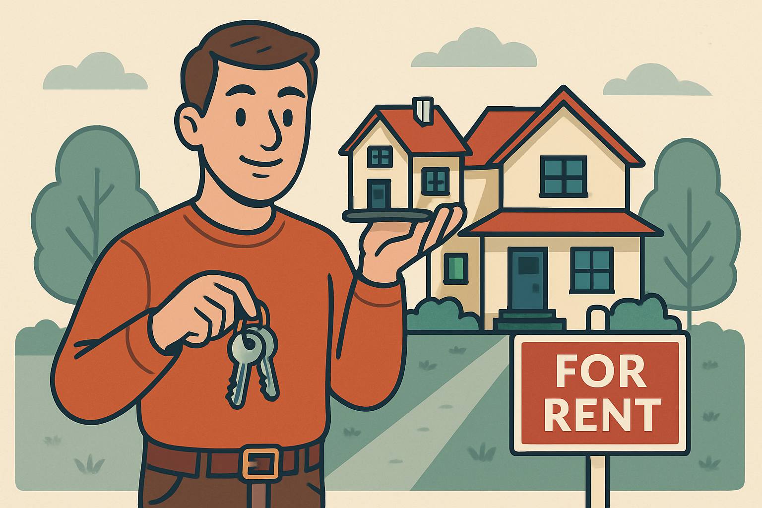 Illustration of a homeowner handing over keys in front of a 'For Rent' sign, representing new landlords renting property in Philadelphia and Bucks County.